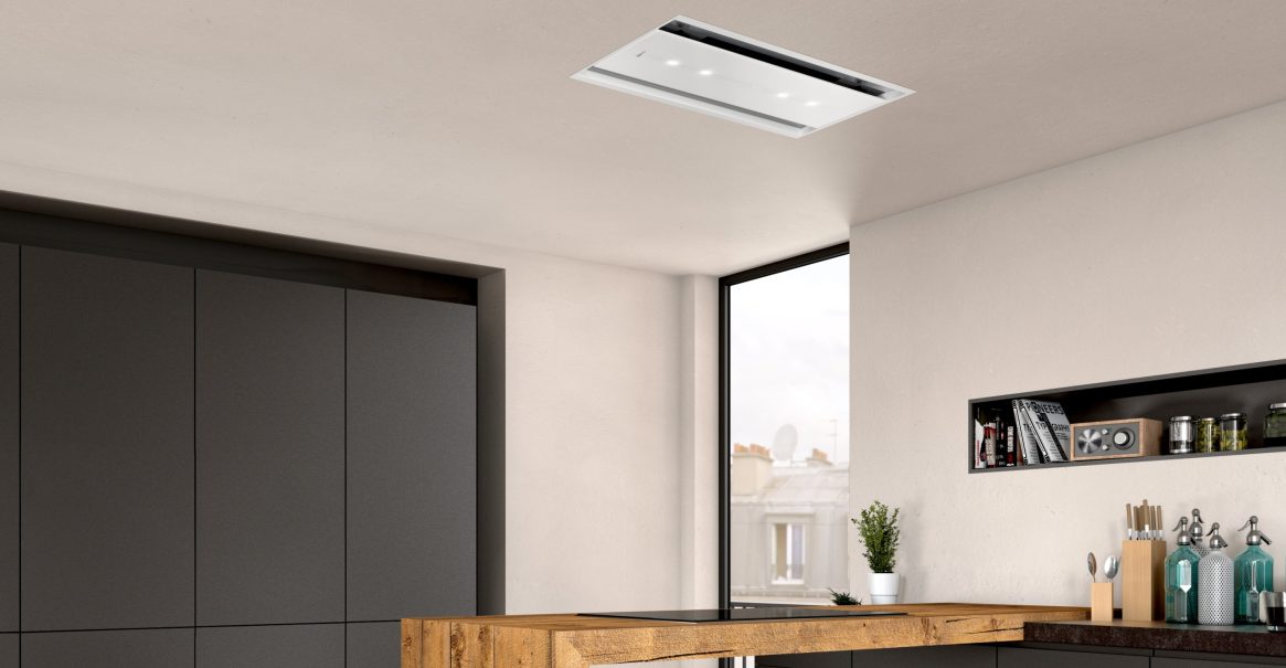 NEFF's 90cm ceiling cooker hood in white glass features Home Connect for remote operation via smartphone or tablet.