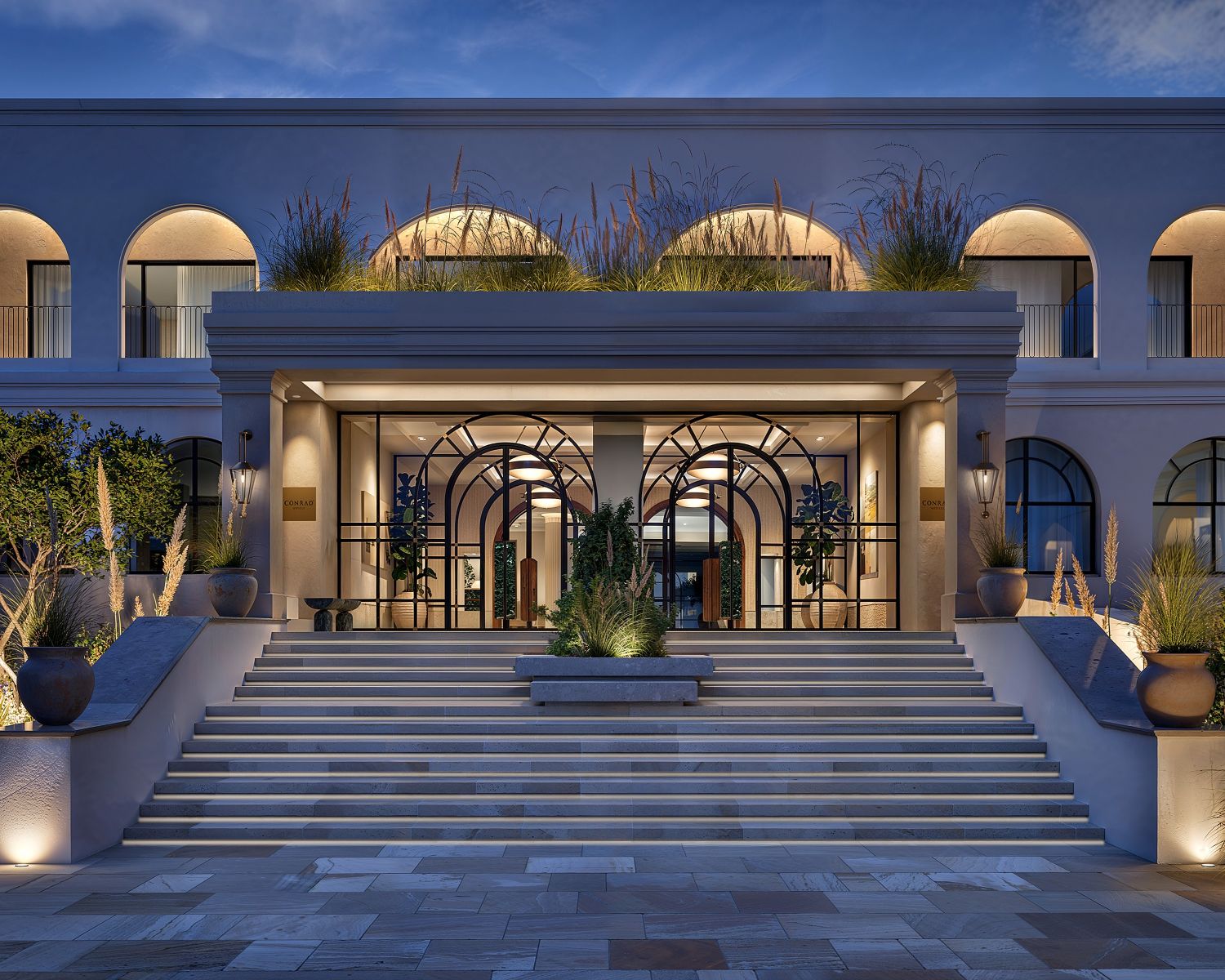 Conrad_Corfu_Entrance-at-nighttime